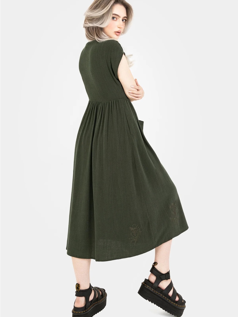 Disturbia Olive Green Button-Front Midi Dress - Picture 3 of 9